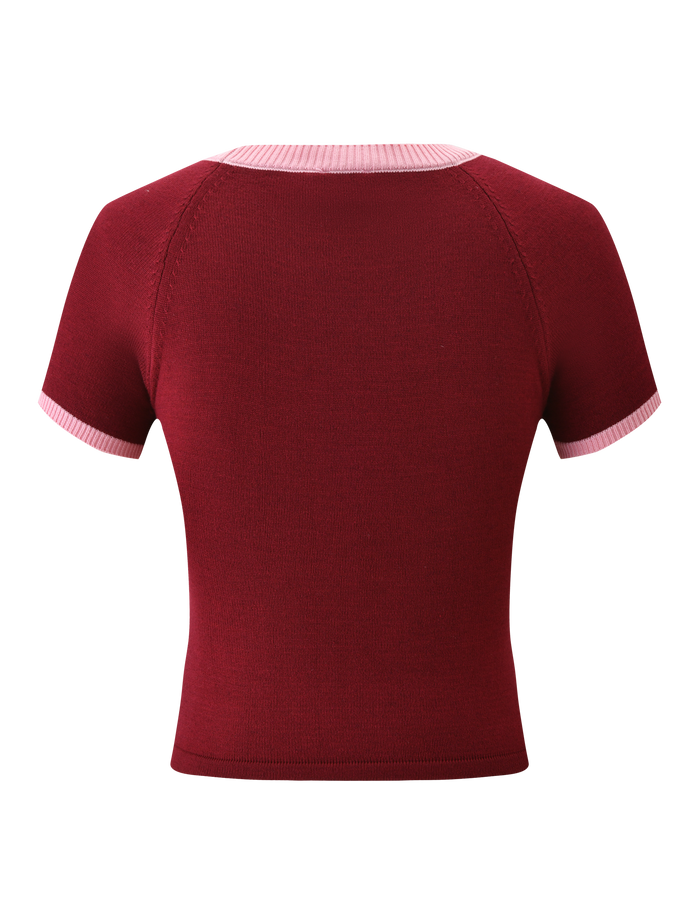 The TIGERMIST ROUX TOP - RED is a fitted, short-sleeved knit top in deep red with light pink collar and sleeve cuff accents, displayed from the back against a plain white background.