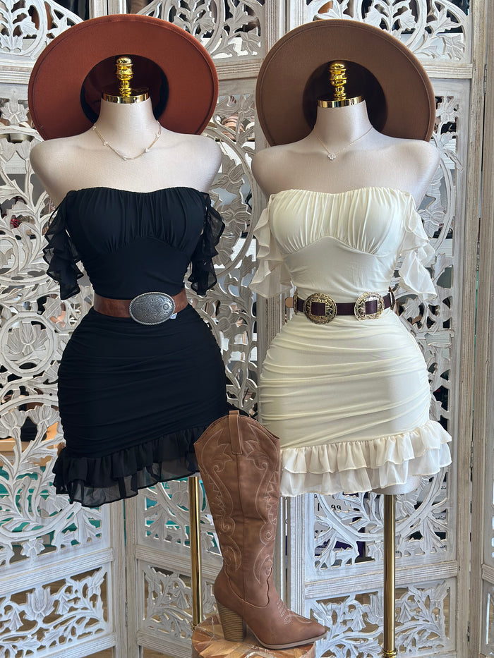 Ruffled Off Shoulder Mini Dress - Estira, Stretchy