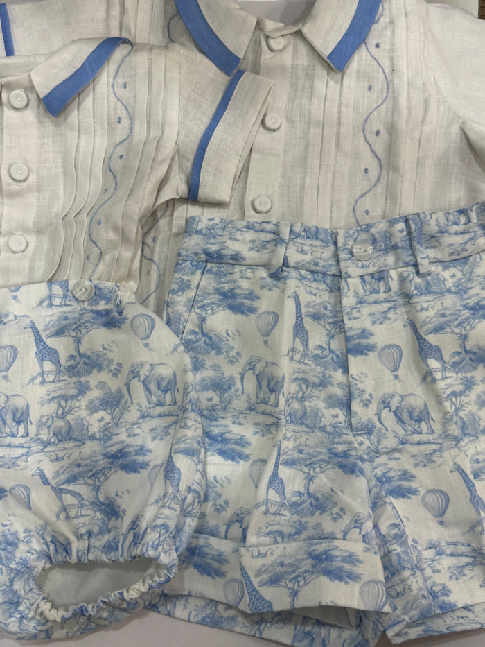 Safari Embroidered Blue Toile Boy 2-PC set