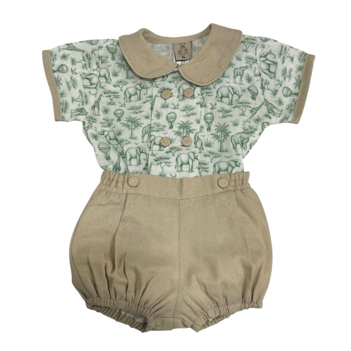Safari Green Boy Set with green safari toile shirt, rounded beige collar and coordinating beige bloomer shorts