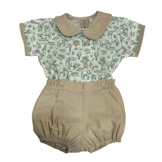 Safari Green Boy Set with green safari toile shirt, rounded beige collar and coordinating beige bloomer shorts