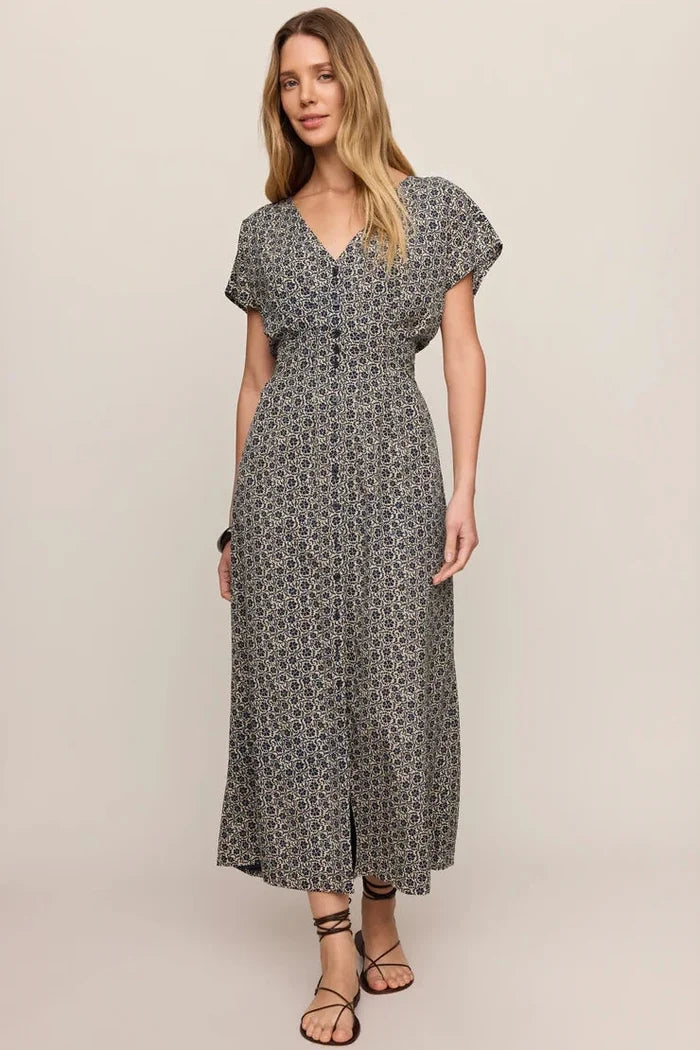Navy floral print midi dress with button front