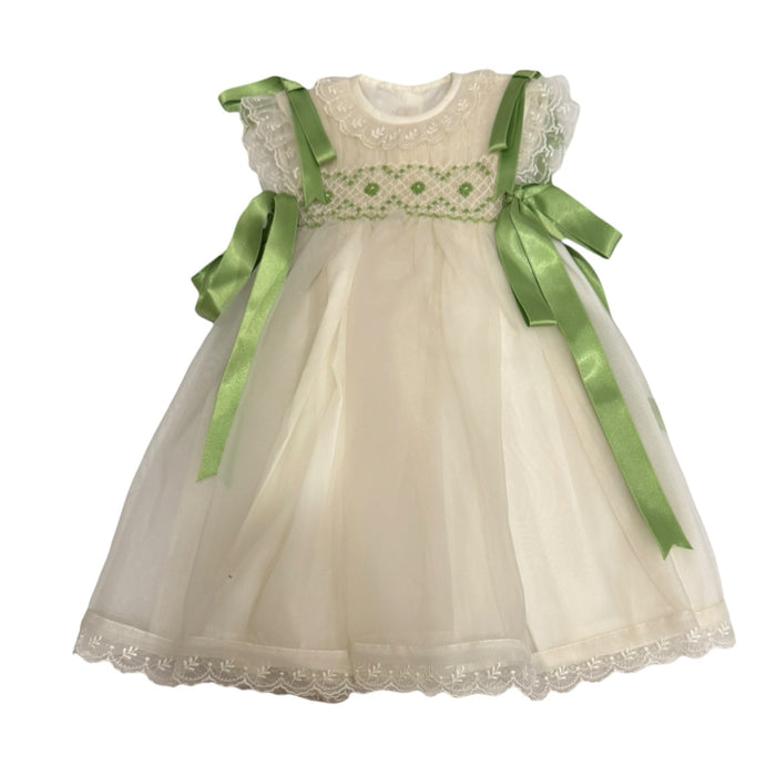 Sasha Ivory and Lime Handsmocked Dress with green ribbon bows and lace detailing