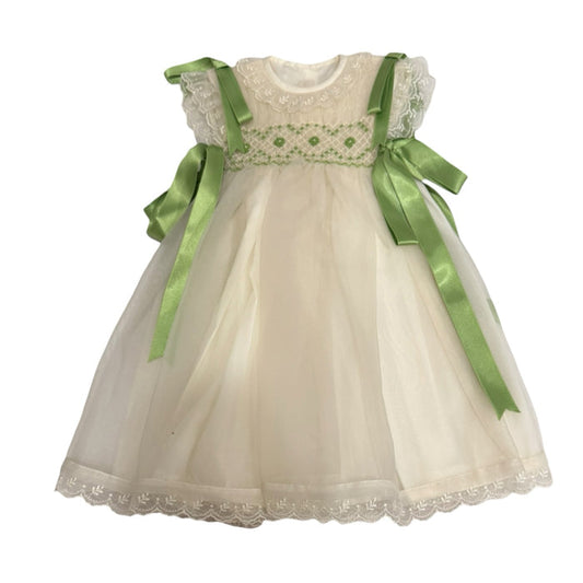 Sasha Ivory and Lime Handsmocked Dress with green ribbon bows and lace detailing