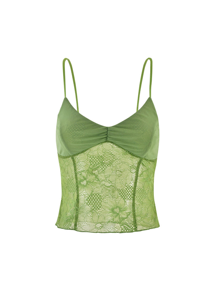 The SASKIA TOP - GREEN from TIGERMIST features thin spaghetti straps and a ruched bust detail. The lower half showcases a floral lace pattern, while the upper half is crafted from solid fabric, making for an elegant and lightweight design.