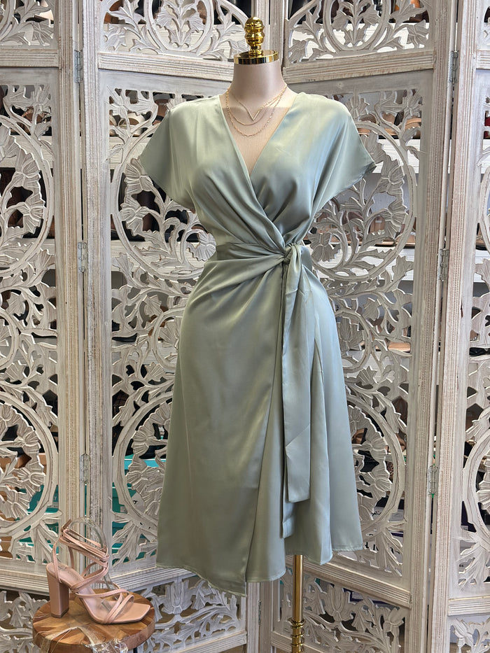 Satin Wrapped Midi Dress- Stretchy,Estira