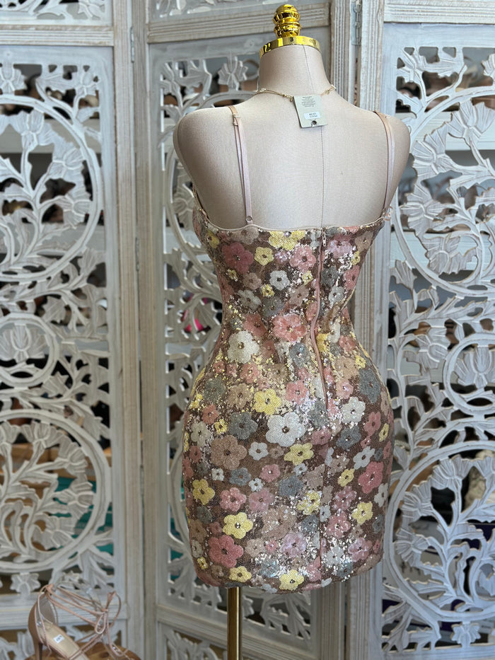 Sequin Floral Mini Dress- Not Stretchy, No Estira
