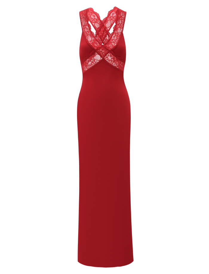 The SERAPHINE MAXI DRESS by TIGERMIST is a sleeveless red lace maxi with a fitted bodycon silhouette, floor-length design, and delicate lace detailing over the bust and shoulders.