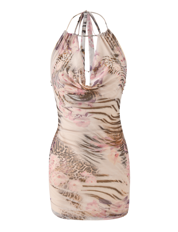 The SHANE MINI DRESS - MOODY ANIMAL FLORAL by TIGERMIST features a sleeveless halter neck, cowl neckline, pink animal floral print, fitted silhouette, open back with thin straps for an effortlessly chic vibe.