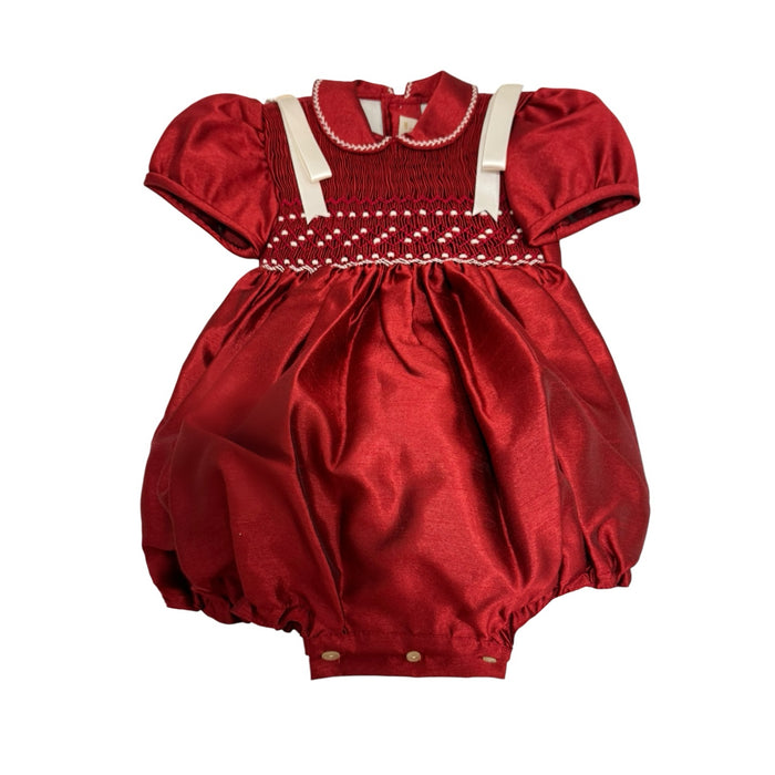 Shantung Guinda Red Girl Handsmocked Romper