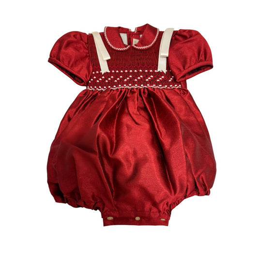 Shantung Guinda Red Girl Handsmocked Romper