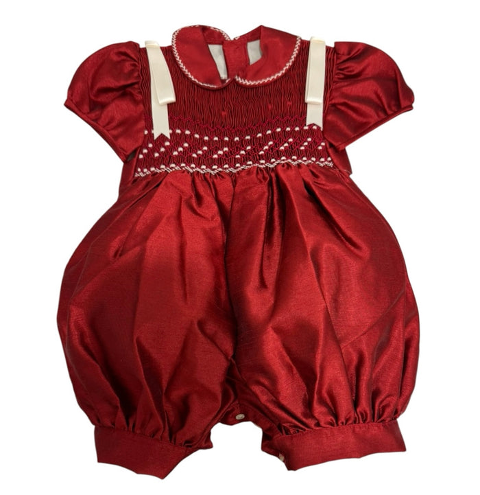 Shantung Guinda Red Handsmocked Romper in rich burgundy red with rounded ivory collar
