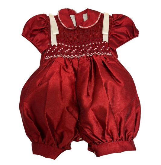 Shantung Guinda Red Handsmocked Romper in rich burgundy red with rounded ivory collar