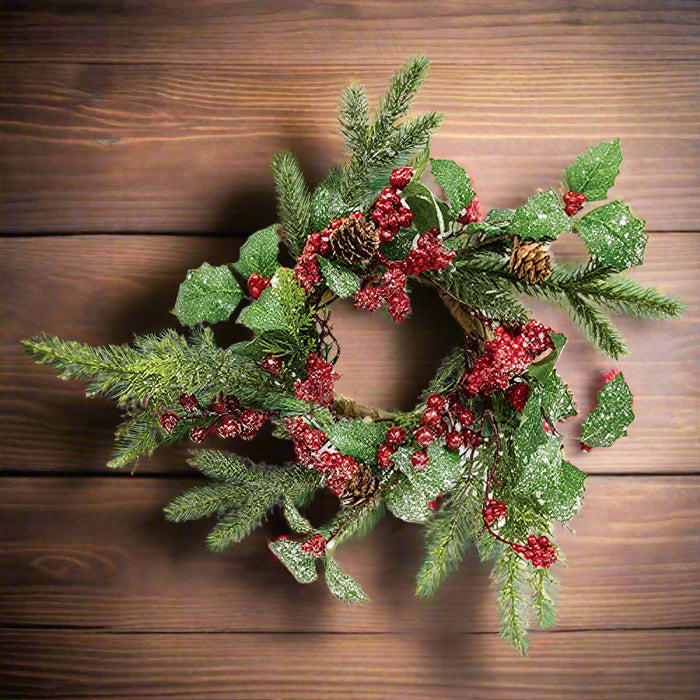 shimmering holly pine and berries candle ring 3.5 inch