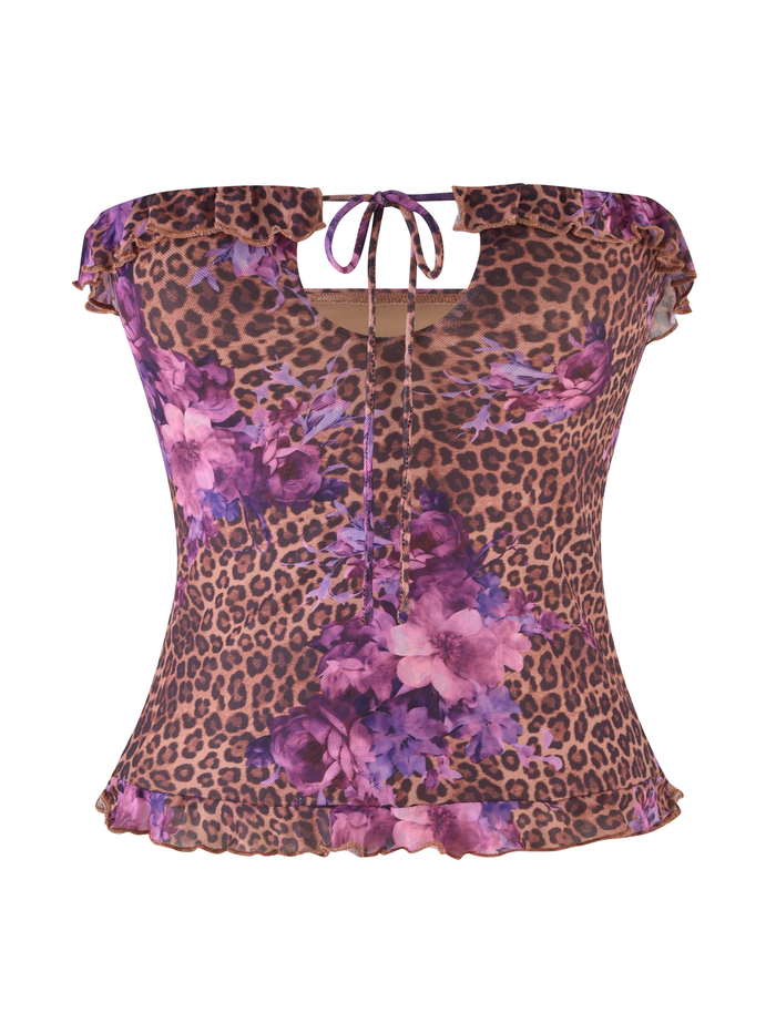 The SIERA TOP - LEOPARD FLORAL by TIGERMIST features a bodycon fit, off-the-shoulder design, brown leopard floral print, front keyhole tie, and ruffled neckline and hem.