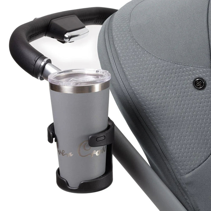 Gray tumbler in Silver Cross Reef cup holder attached to reef pushchair chassis for baby strollers