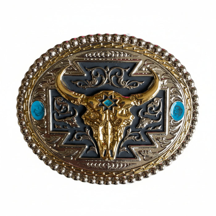 silver and gold buffalo skull oval belt buckle