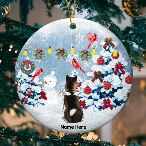 Snowy Xmas Tree Red Cardinals Memorial Circle Ceramic Ornament - Personalized Angel Dog Decorative Christmas Ornament