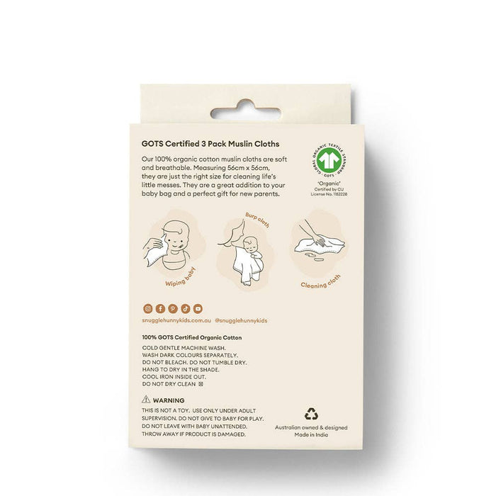 Snuggle Hunny - Small Organic Muslin Cloths 3 Pack - Dragon/Milk/Baby Blue