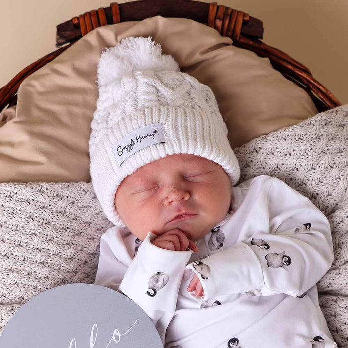 Snuggle Hunny - White Organic Baby Knit Beanie - S