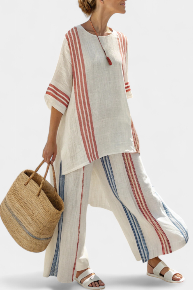 Solvane | Sophisticated Multicolor Striped Top & Mediterranean Pants