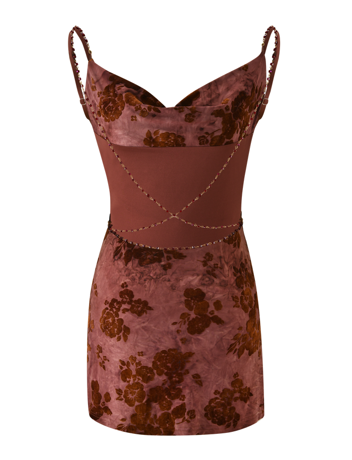 The SPARROW MINI DRESS - CHOCOLATE BURNOUT by TIGERMIST is a mauve velvet mini with thin beaded straps, a cowl neckline, brown floral patterns, crisscrossed beading at the waist, and a fitted silhouette for chic style.