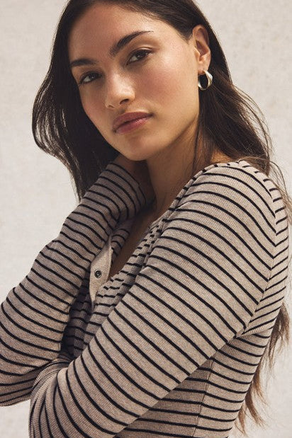 Stella Stripe Henley - Heather Taupe
