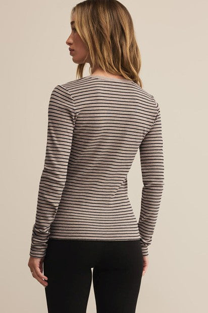 Stella Stripe Henley - Heather Taupe