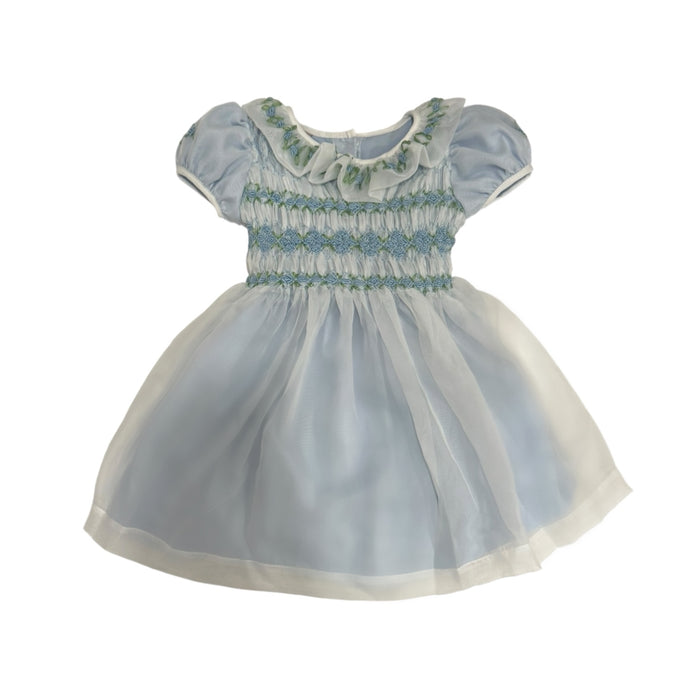 Storybook Blue Handsmocked and Handembroidered Organza Dress