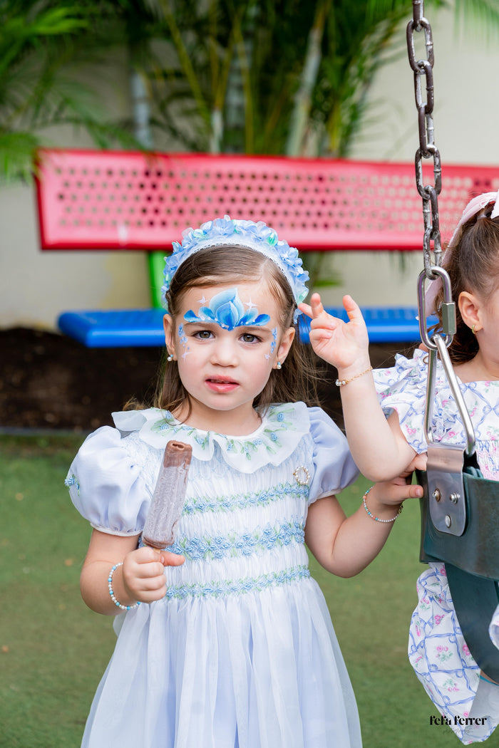 Storybook Blue Handsmocked and Handembroidered Organza Dress