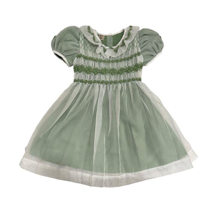 Storybook Green Handsmocked and Handembroidered Organza Dress
