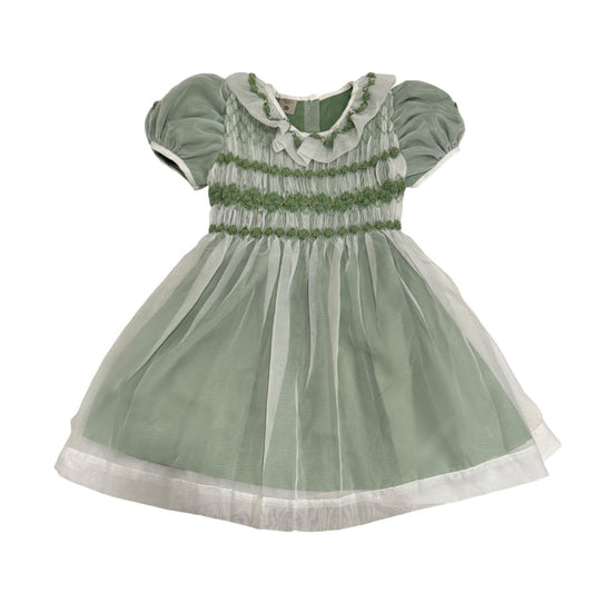 Storybook Green Handsmocked and Handembroidered Organza Dress