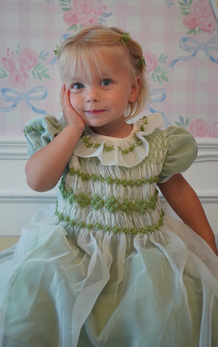 Storybook Green Handsmocked and Handembroidered Organza Dress