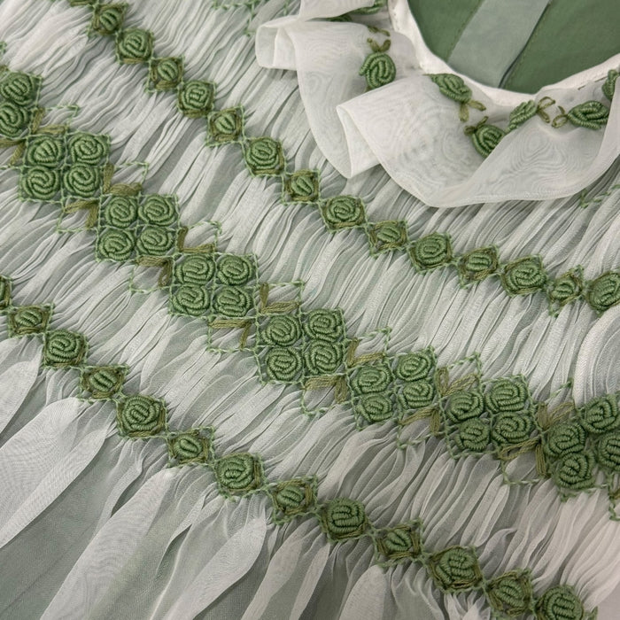Storybook Green Handsmocked and Handembroidered Organza Dress