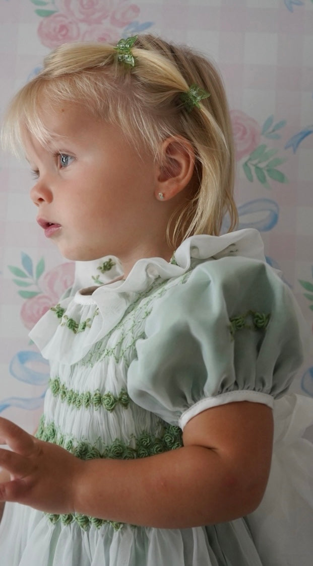 Storybook Green Handsmocked and Handembroidered Organza Dress