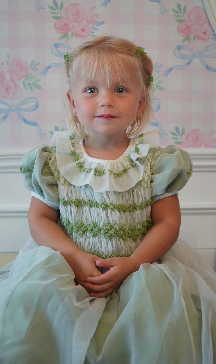 Storybook Green Handsmocked and Handembroidered Organza Dress