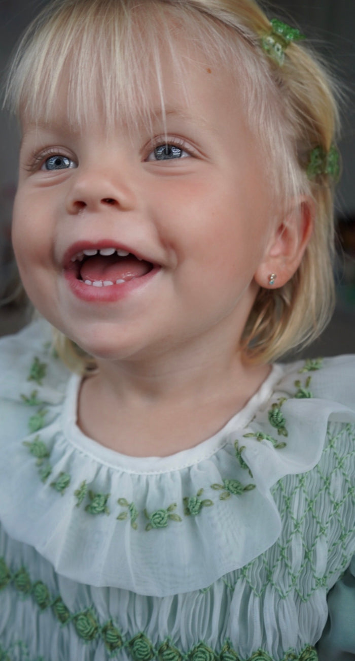 Storybook Green Handsmocked and Handembroidered Organza Dress