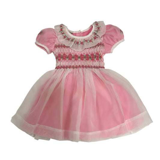 Storybook Hot Pink Handsmocked and Handembroidered Organza Dress
