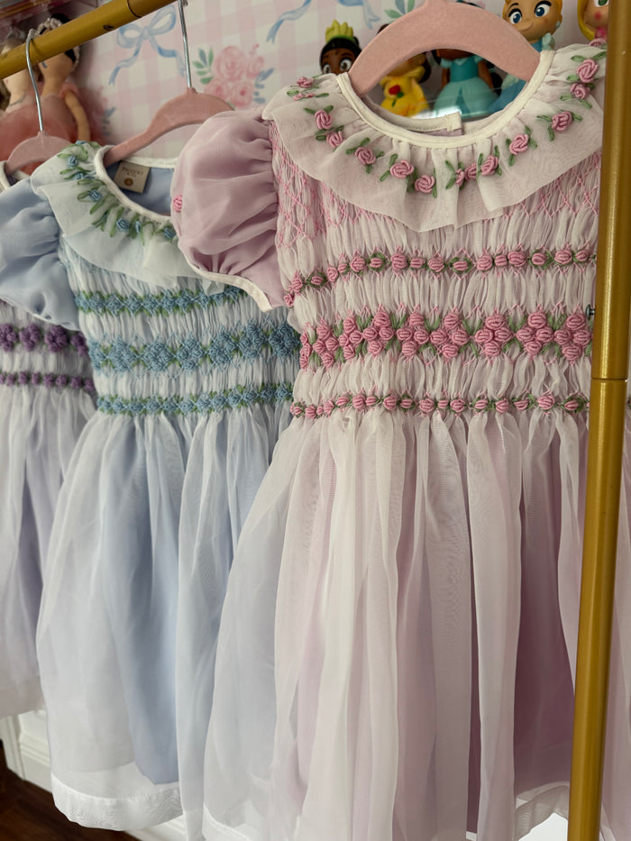 Storybook Pink Handsmocked and Handembroidered Organza Dress