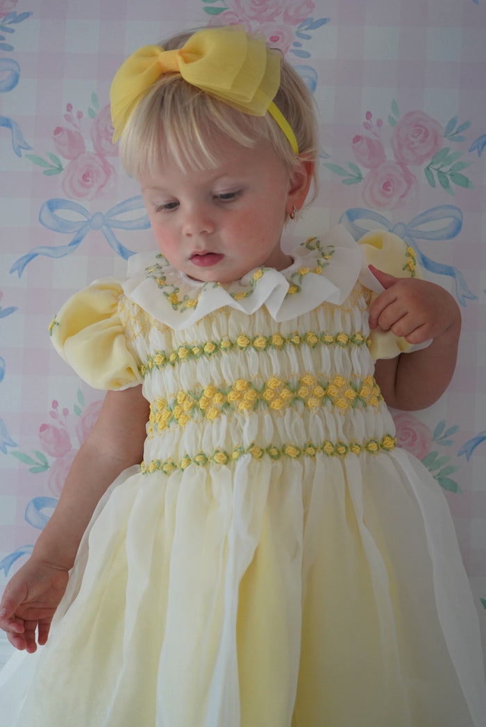 Storybook Yellow Handsmocked and Handembroidered Organza Dress