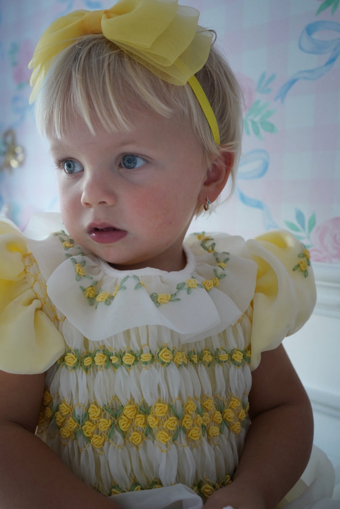 Storybook Yellow Handsmocked and Handembroidered Organza Dress