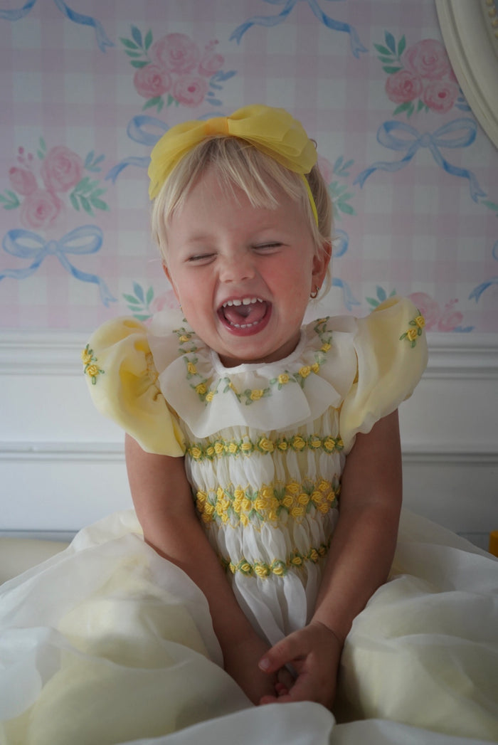 Storybook Yellow Handsmocked and Handembroidered Organza Dress