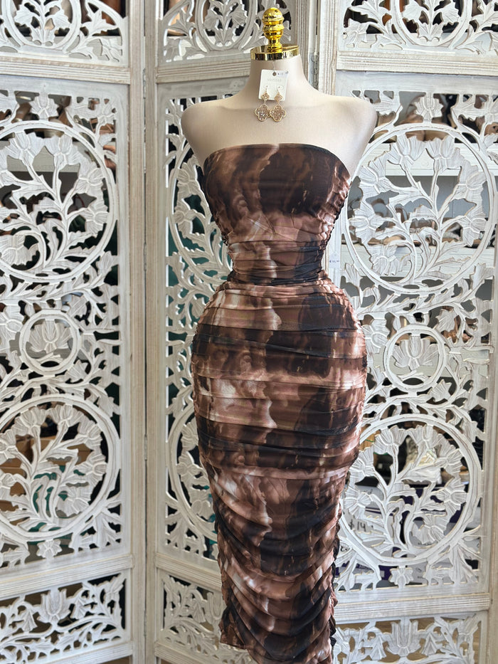 Strapless Brown Multipattern Midi Dress- Stretchy, Estira