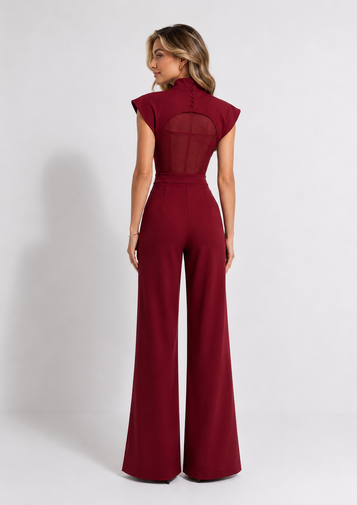 Structured Cape Jumpsuit — Burgundy