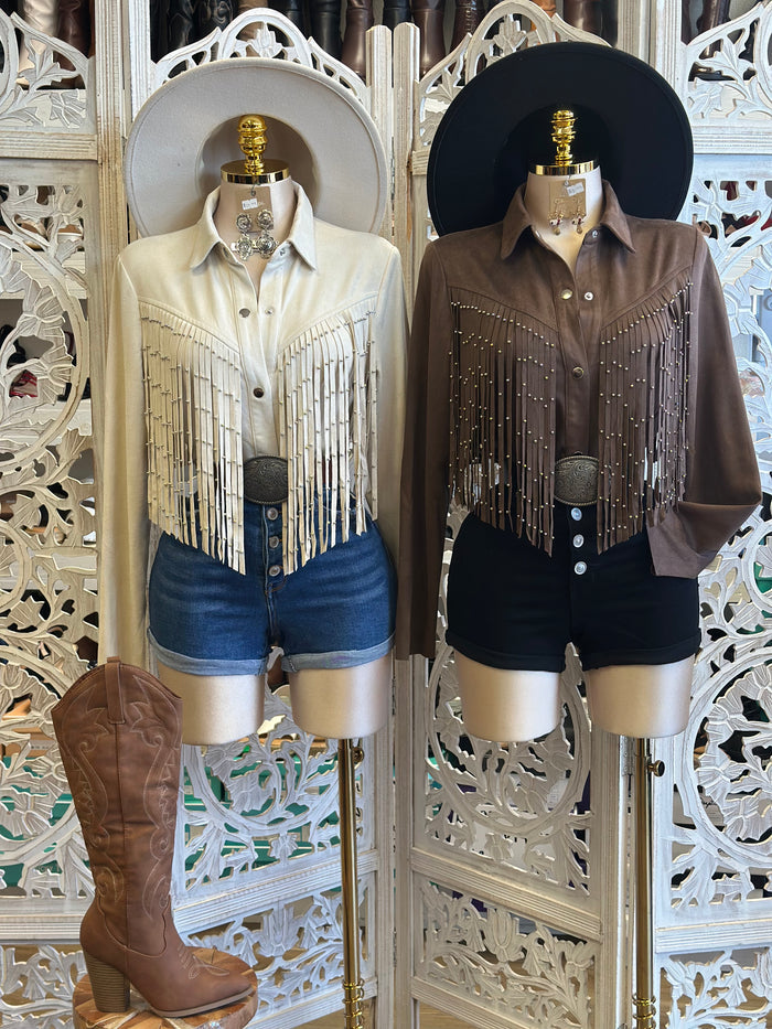 Suede Fringe Beaded Button Up Blouse- Estira, Stretchy