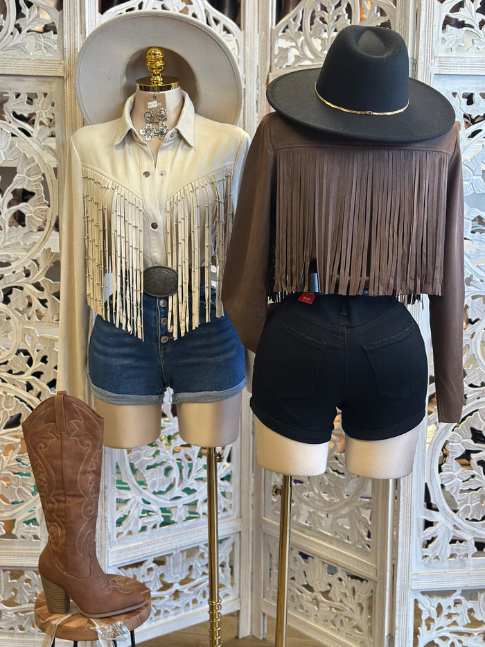 Suede Fringe Beaded Button Up Blouse- Estira, Stretchy