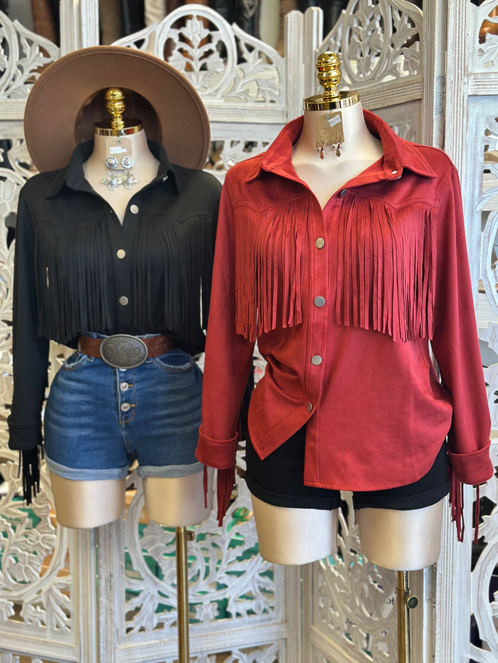 Suede Fringe Button Up Blouse- Estira, Stretchy