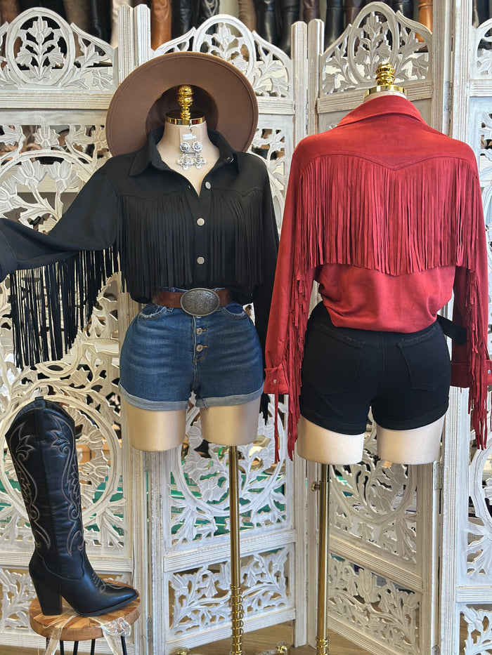 Suede Fringe Button Up Blouse- Estira, Stretchy