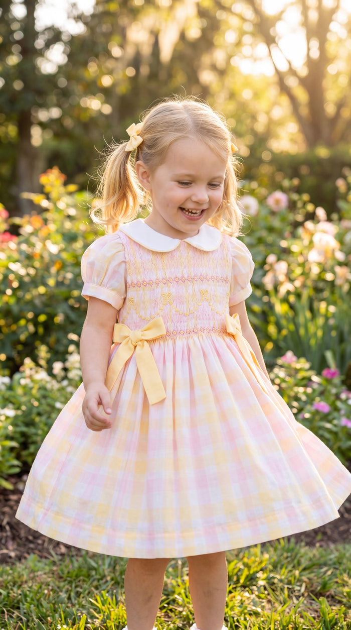 Sunshine Gingham Pink/Yellow Coquette Handsmocked Dress