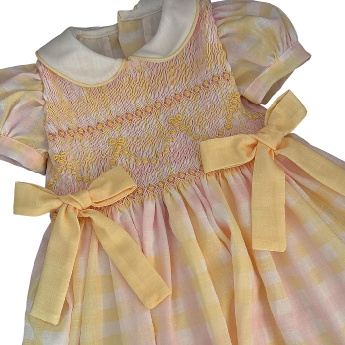 Sunshine Gingham Pink/Yellow Coquette Handsmocked Dress